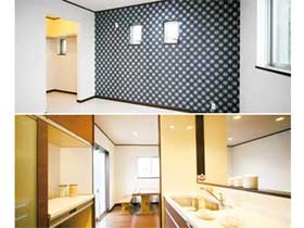 上/2階の主寝室は、1階とは雰囲気を変え、明るくかつモダンな雰囲気を醸すクロスを採用<br>下/頻繁に料理するご主人の身長に合わせ、キッチンも高め。床と統一感を出すカラーも特徴